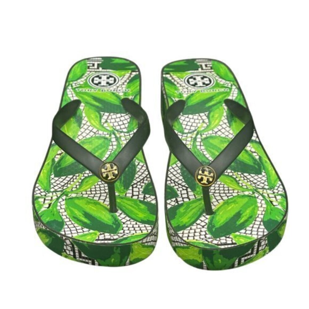 Tory Burch Tropical Green Leaf Print Platform Flip-Flop